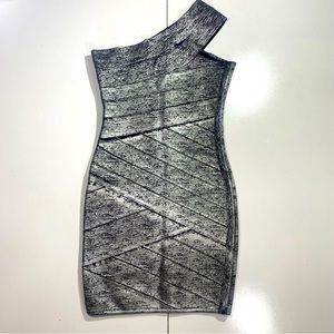 JS Collections Black Metallic Silver Painted One Shoulder Bandage Bodycon Dress